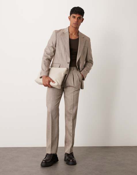 ASOS DESIGN - Regular-fit pak met visgraatmotief in lichtbruin - view 1