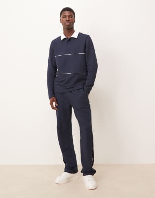 Asos Design Regular Fit Pique Rugby Polo Shirt With Piping In Blue