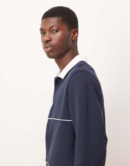 ASOS DESIGN regular fit pique rugby polo shirt with piping in navy, 4 of 5