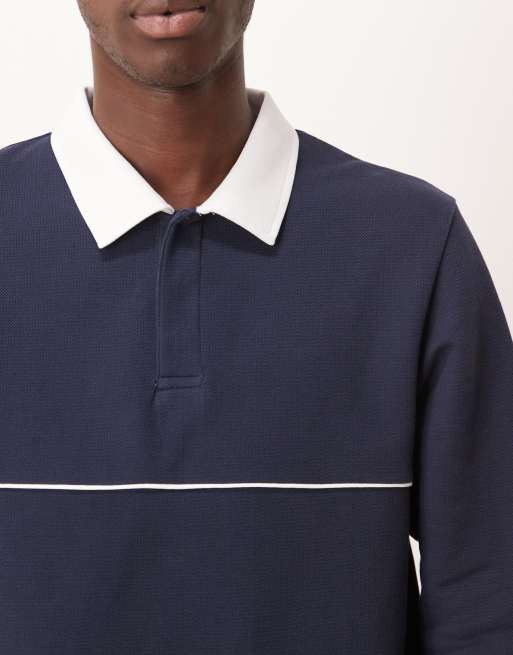 ASOS DESIGN regular fit pique rugby polo shirt with piping in navy