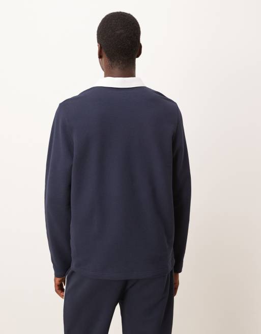 ASOS DESIGN regular fit pique rugby polo with piping in navy, 3 of 5