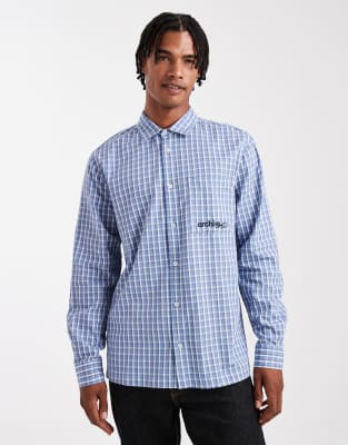 Asos Design Regular Fit Plaid Shirt With Chest Embroidery In Blue