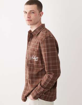 ASOS DESIGN regular fit plaid shirt with chest embroidery in brown brown 9290₽