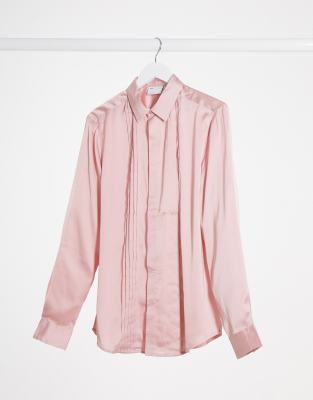 ASOS DESIGN long sleeve plissé lace shirt in light pink