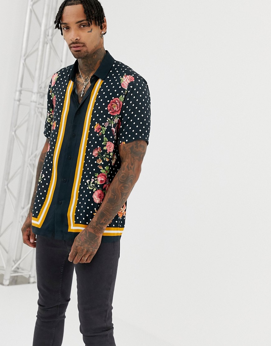 ASOS DESIGN regular fit polka dot border printed shirt with floral in viscose-Black