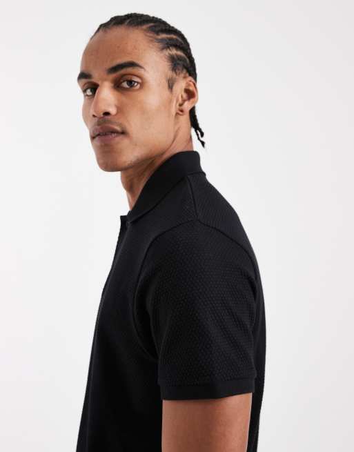 ASOS DESIGN regular fit polo in black texture, 4 of 5