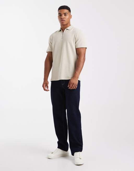 ASOS DESIGN - Regular-fit polo van wafelstof met rits in beige, 2 van 5