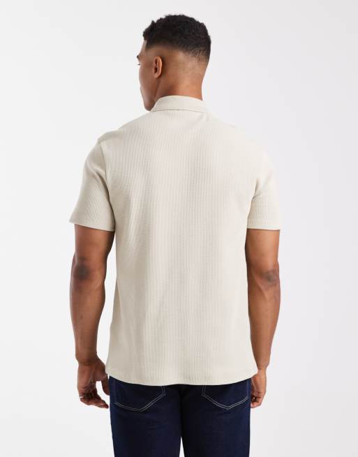ASOS DESIGN - Regular-fit polo van wafelstof met rits in beige, 3 van 5