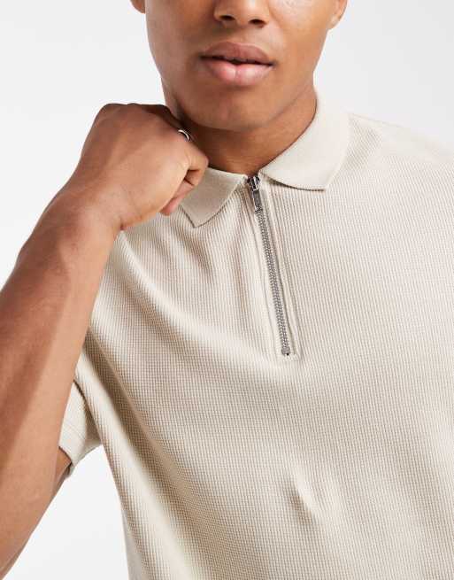 ASOS DESIGN - Regular-fit polo van wafelstof met rits in beige, 5 van 5