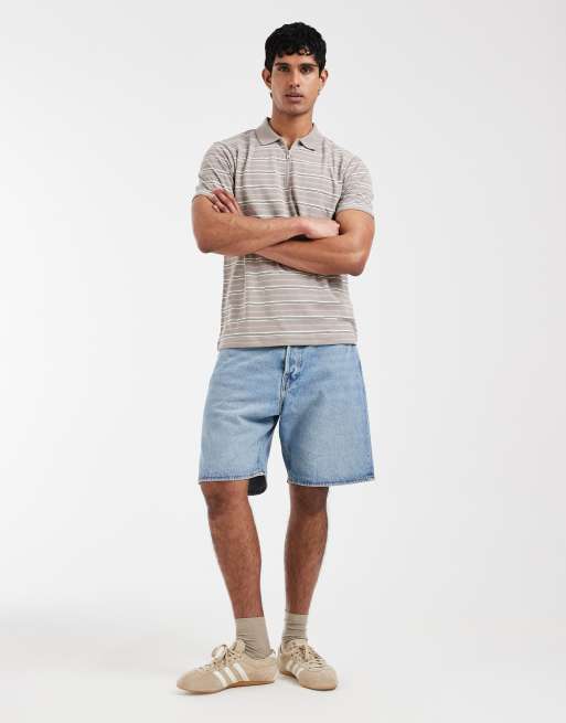 ASOS DESIGN - Regular-fit polo van zware stof met rits en strepen in beige, 2 van 5