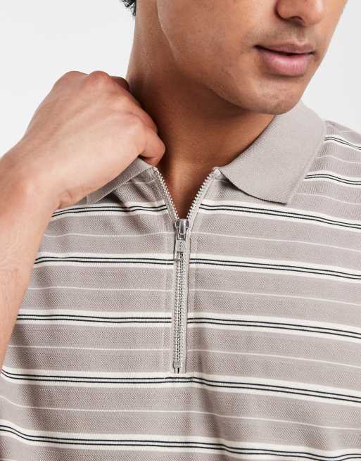 ASOS DESIGN - Regular-fit polo van zware stof met rits en strepen in beige, 3 van 5