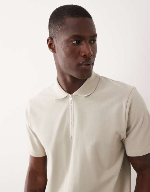ASOS DESIGN regular fit polo with zip in beige pique, 3 of 5
