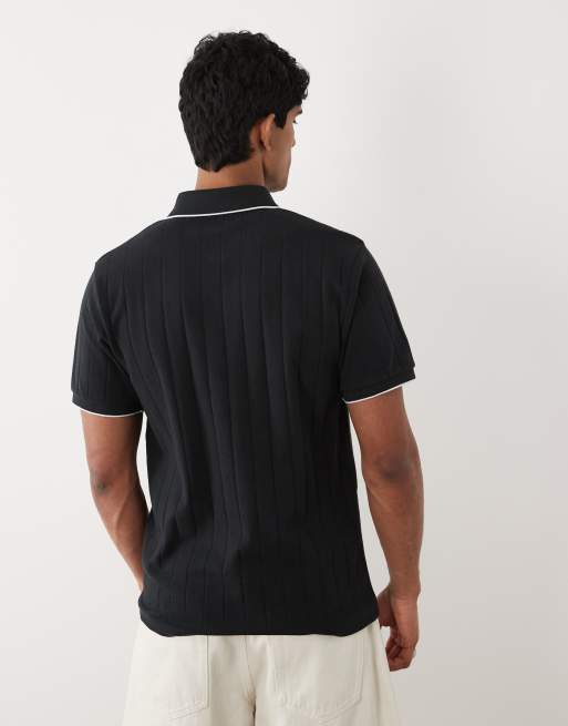 ASOS DESIGN regular fit polo with zip in black wide rib, 3 of 5