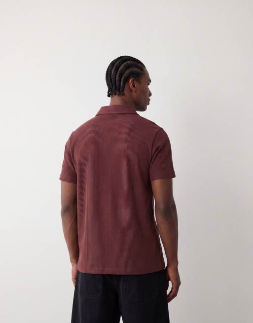 ASOS DESIGN – Regular-Fit-Polohemd aus superschwerem, geripptem Stoff in Braun mit Textgrafik, 5 von 5