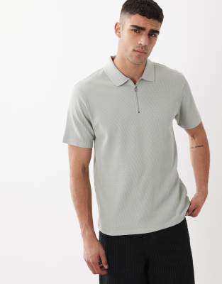 Regular-Fit-Polohemd in Grau mit Waffelstruktur und Reißverschluss-Grün Grün 2XL