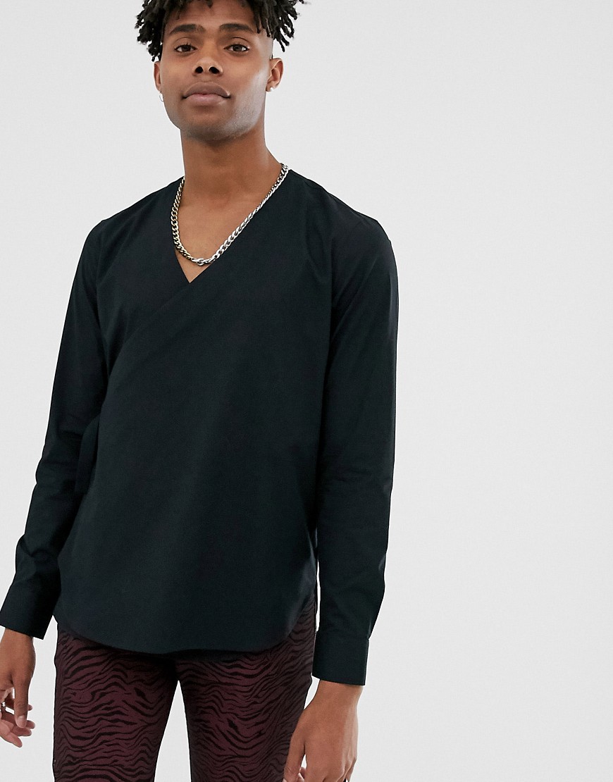 ASOS DESIGN - Regular-fit poplin overhemd met overslag in zwart-Wit