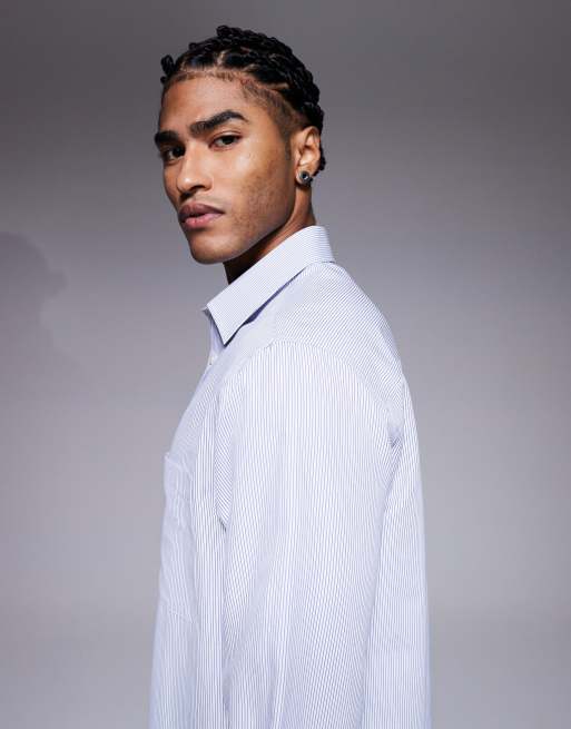 ASOS DESIGN regular fit poplin stripe shirt in blue, 4 of 5