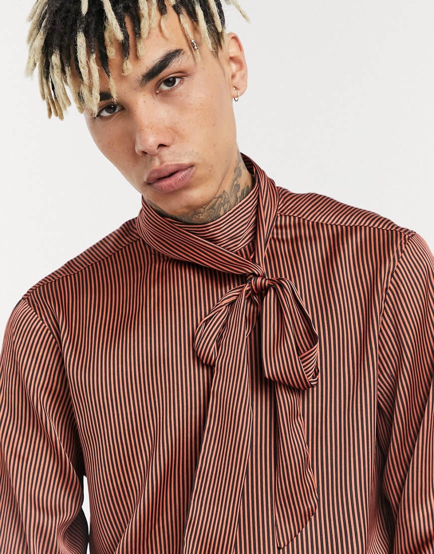 ASOS DESIGN regular fit pussy bow shirt in copper stripe satin-Yellow