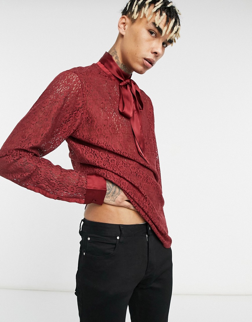 ASOS DESIGN regular fit pussybow shirt in burgandy lace-Red