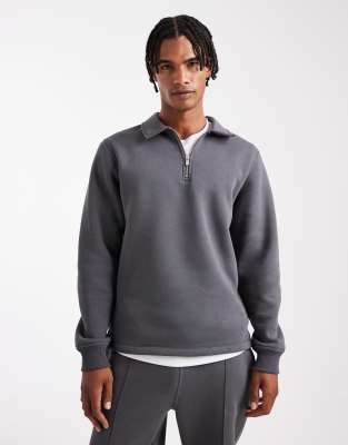 Asos Design Regular Fit Quarter Zip Collared Sweatshirt In Gray