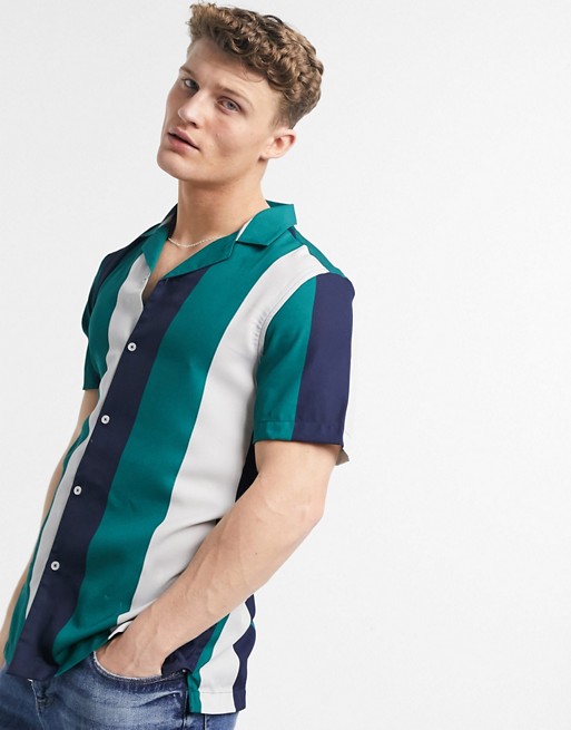 ASOS DESIGN regular fit retro stripe shirt in navy white and green