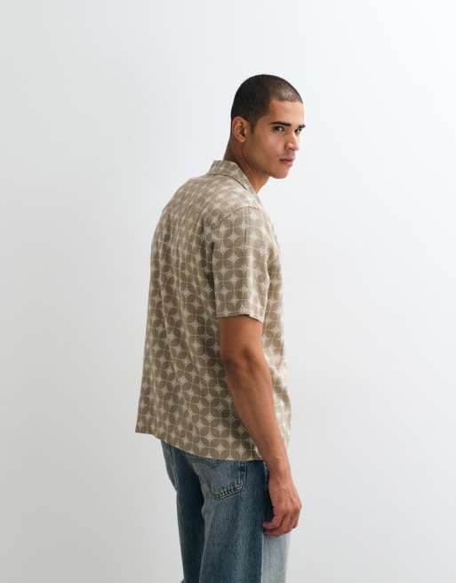 ASOS DESIGN regular fit revere linen blend shirt with geo print in brown, 2 of 5