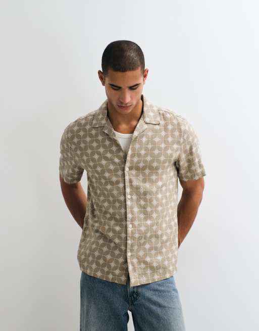 ASOS DESIGN regular fit revere linen blend shirt with geo print in brown, 5 of 5