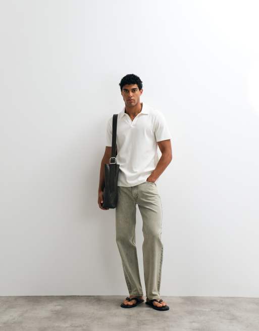 ASOS DESIGN regular fit revere polo in cream waffle, 3 of 5