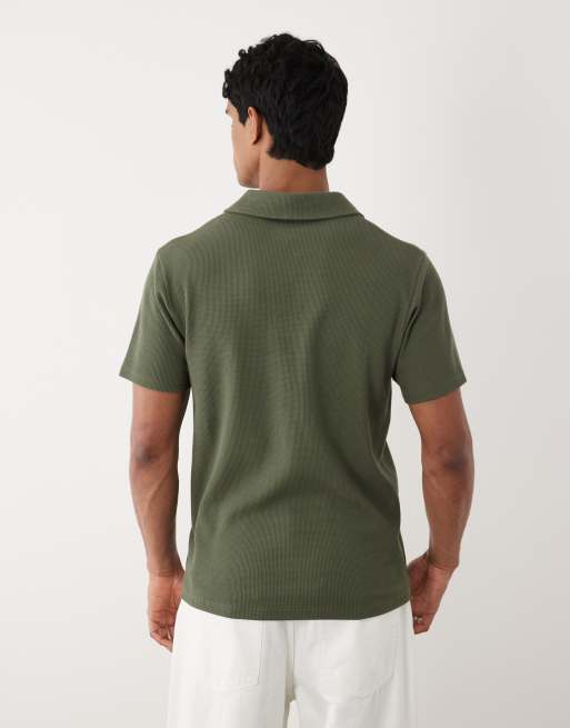 ASOS DESIGN regular fit revere polo in dark green waffle, 5 of 5
