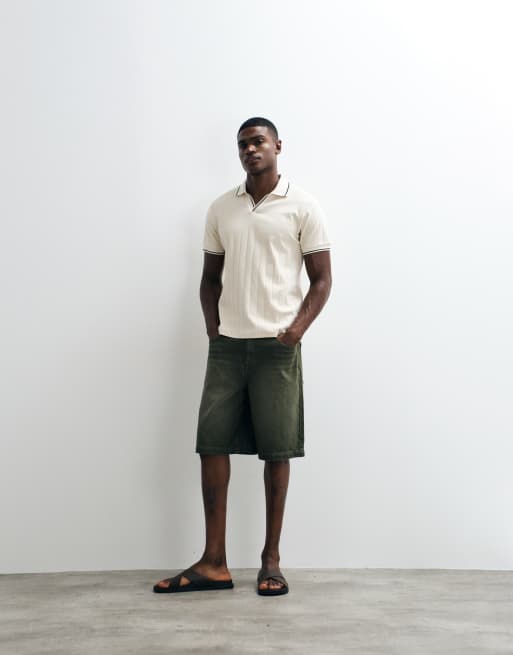 ASOS DESIGN regular fit revere polo with contrast tipping in cream wide rib, 4 of 5