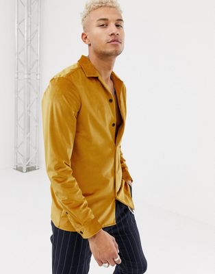ASOS DESIGN regular fit revere velour shirt mustard | ASOS