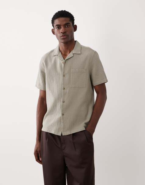 ASOS DESIGN regular fit revere waffle shirt in green - view 1