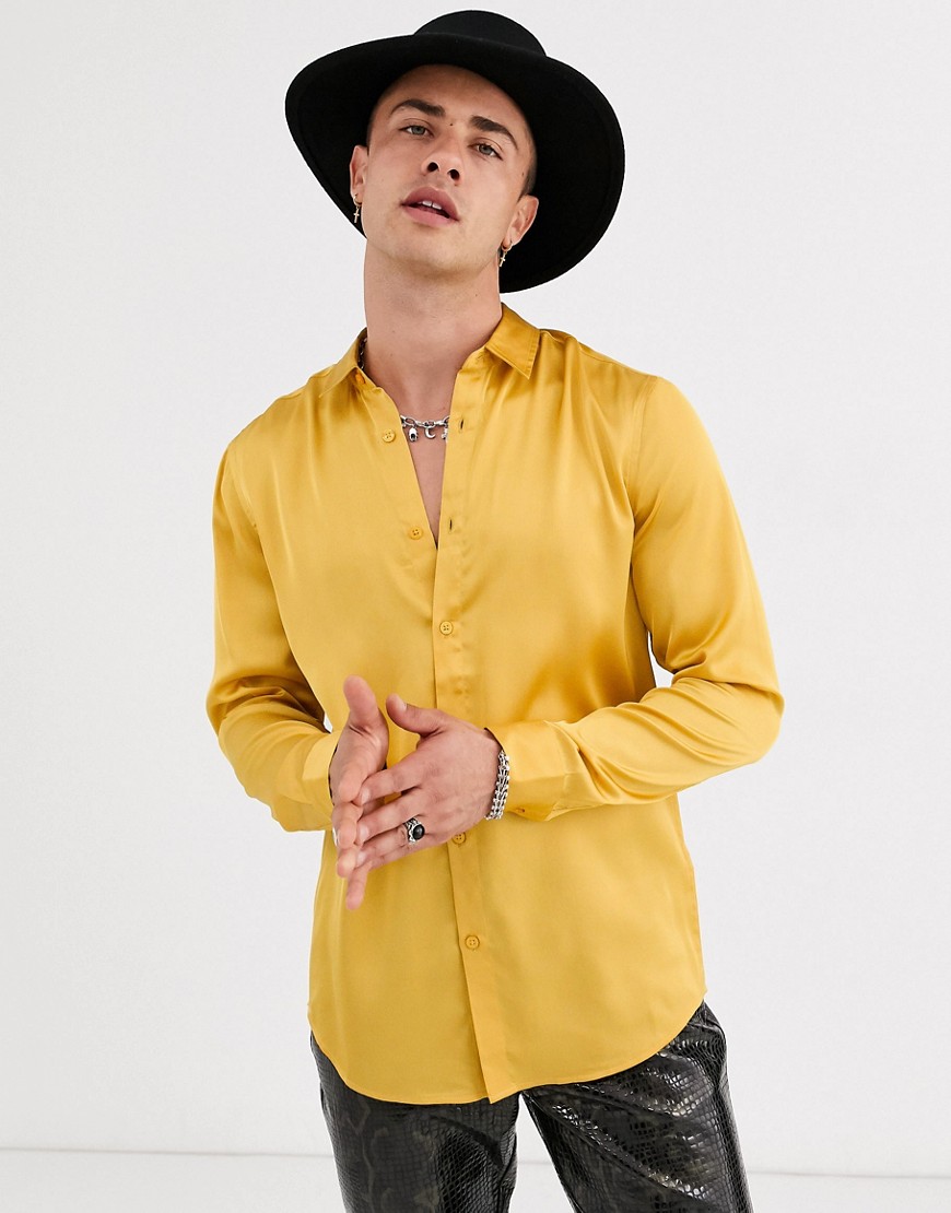 ASOS DESIGN - Regular-fit satijnen overhemd in mosterdkleur-Geel