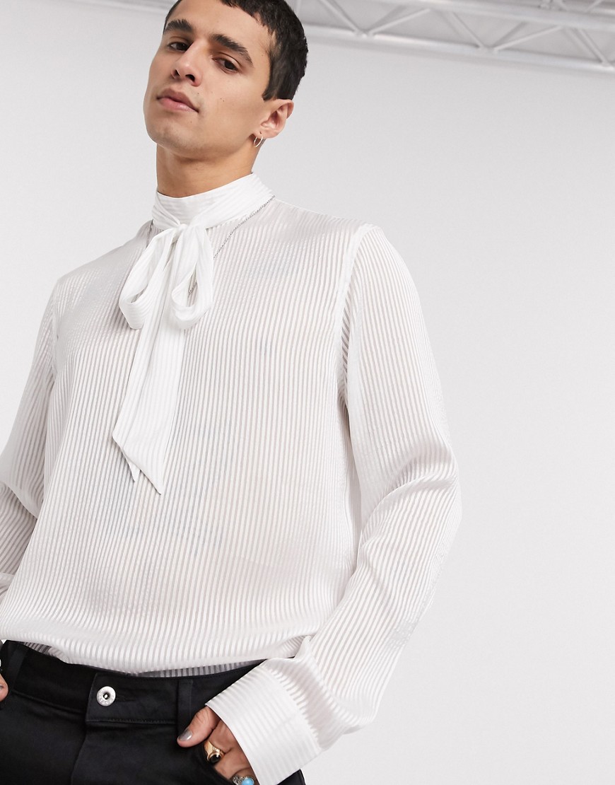 ASOS DESIGN regular fit satin funnel neck shirt with tie detail in white satin stripe