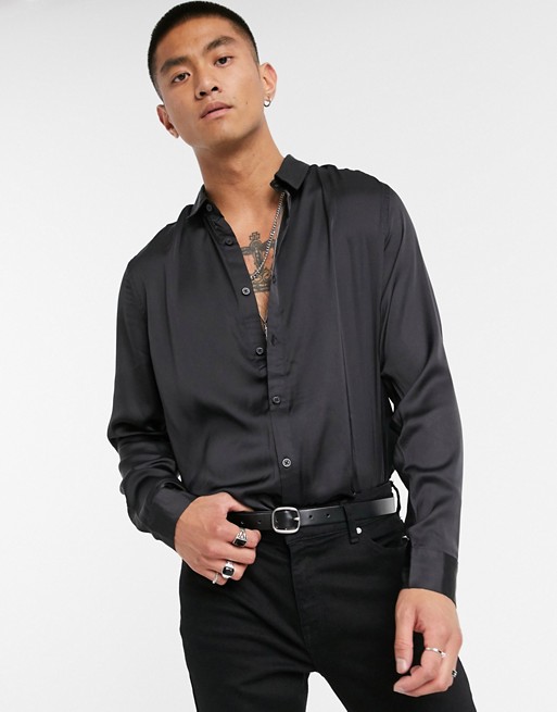 ASOS DESIGN regular fit satin shirt in black