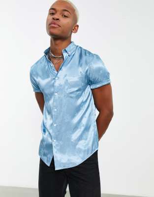 Asos Design Regular Fit Satin Shirt In Blue Floral Jacquard