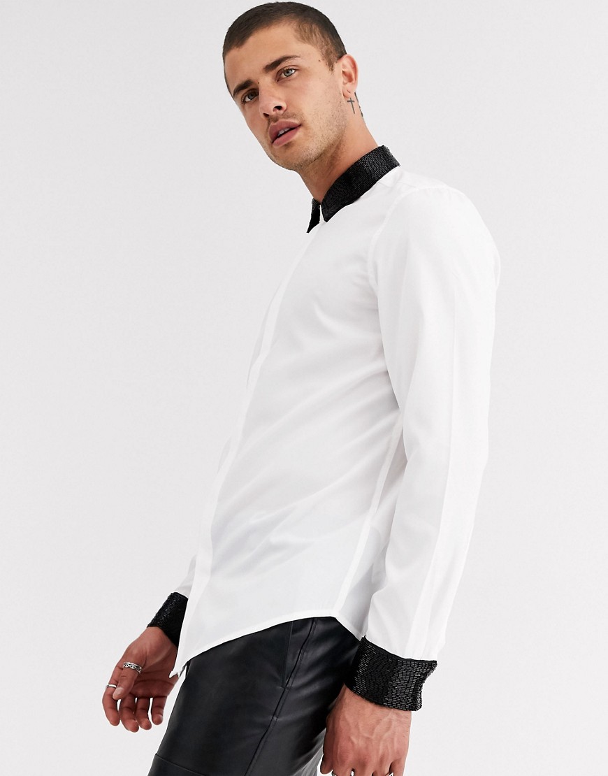 ASOS DESIGN regular fit satin shirt with beaded collar & cuff-White