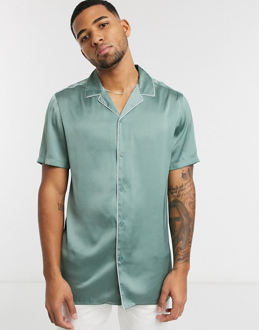 ASOS DESIGN regular fit satin shirt with deep revere and sage green