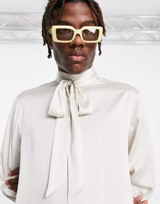 Asos Design Regular Fit Satin Shirt With Pussybow Neck Tie In Champagne-neutral In Neutral