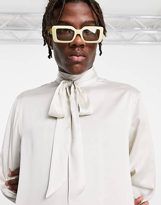 ASOS DESIGN regular fit satin shirt with pussybow neck tie in champagne