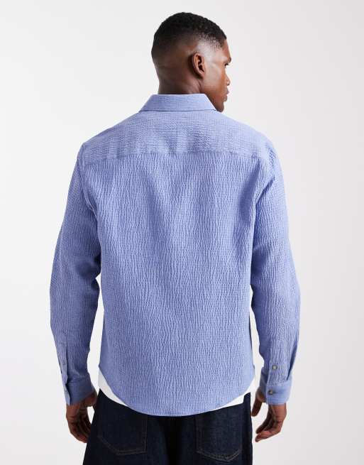 ASOS DESIGN regular fit seersucker shirt in blue, 3 of 5