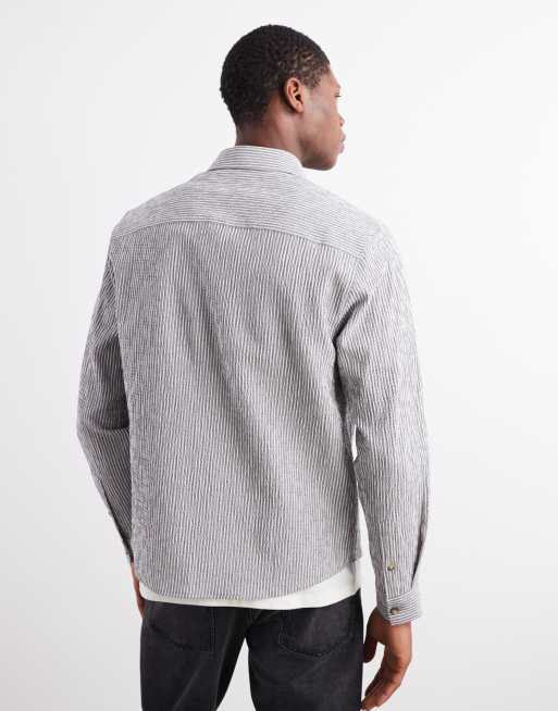 ASOS DESIGN regular fit seersucker stripe shirt in grey, 3 of 5