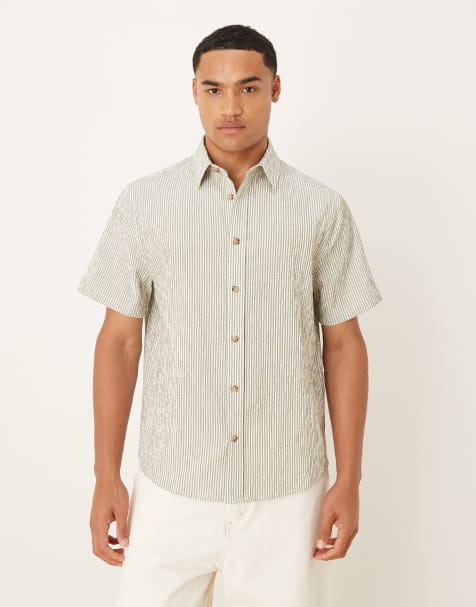 ASOS DESIGN regular fit seersucker stripe shirt in sage - view 1