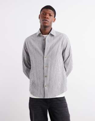 Asos Design Regular Fit Seersucker Striped Shirt In Gray