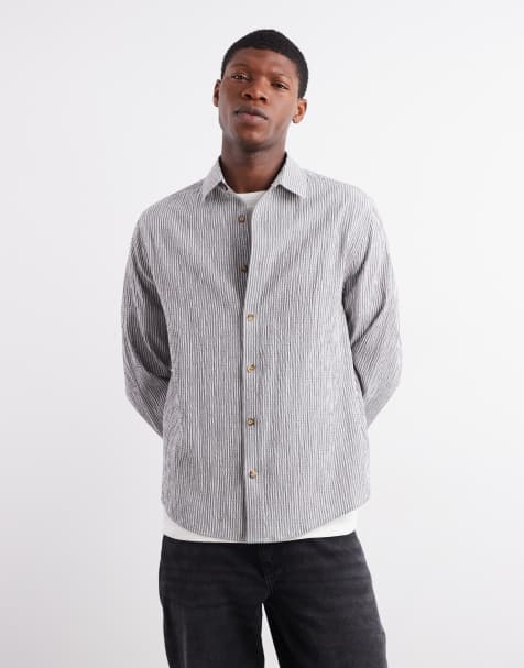 ASOS DESIGN regular fit seersucker striped shirt in gray - view 1