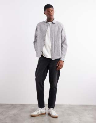 Asos Design Regular Fit Seersucker Striped Shirt In Gray