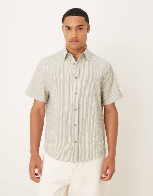 Asos Design Regular Fit Seersucker Striped Shirt In Green
