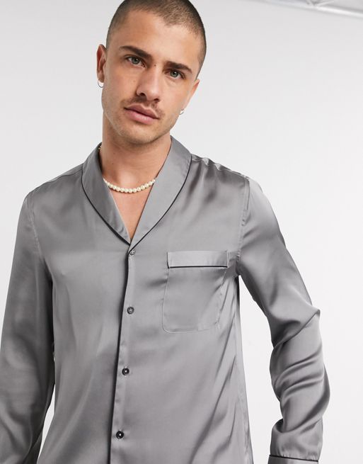 ASOS Regular Fit Satin Mandarin Collar Shirt in Black for Men