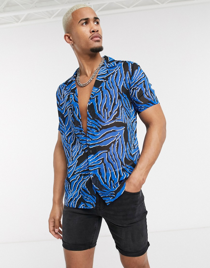 ASOS DESIGN regular fit sheer shirt in blue animal print