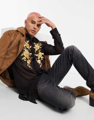 sheer black top with floral embroidery